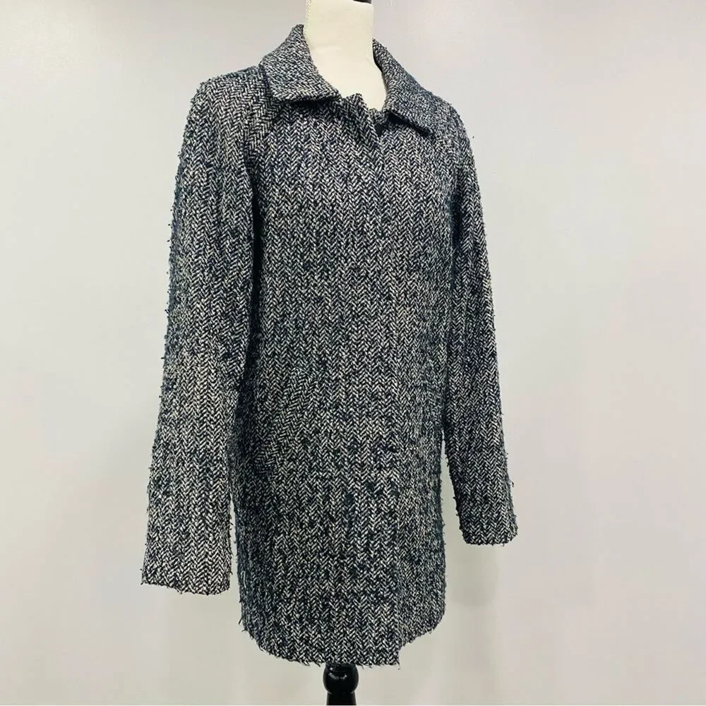 JACK WILLS 2 Womens Navy Blue Fuzzy Wool Tweed Herringbone Pea Coat Academia